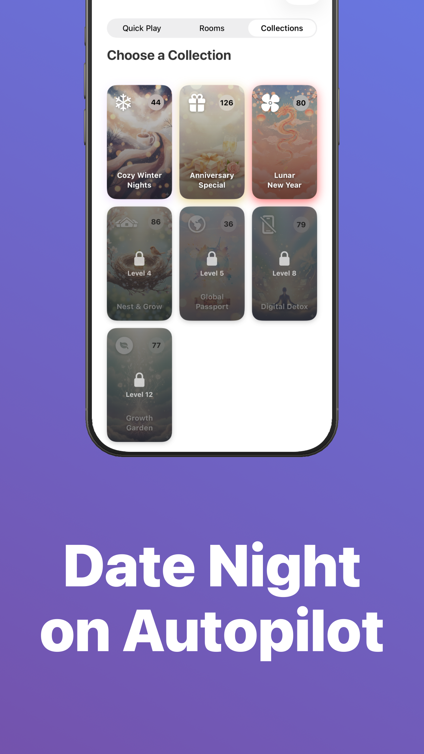 CouplesBingo collections screen with themed packs and unlockable content.