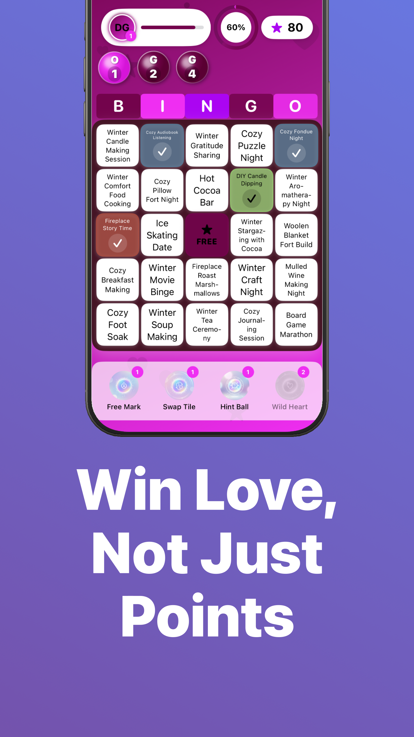 CouplesBingo gameplay board with date-night prompts, bingo tiles, and points UI.