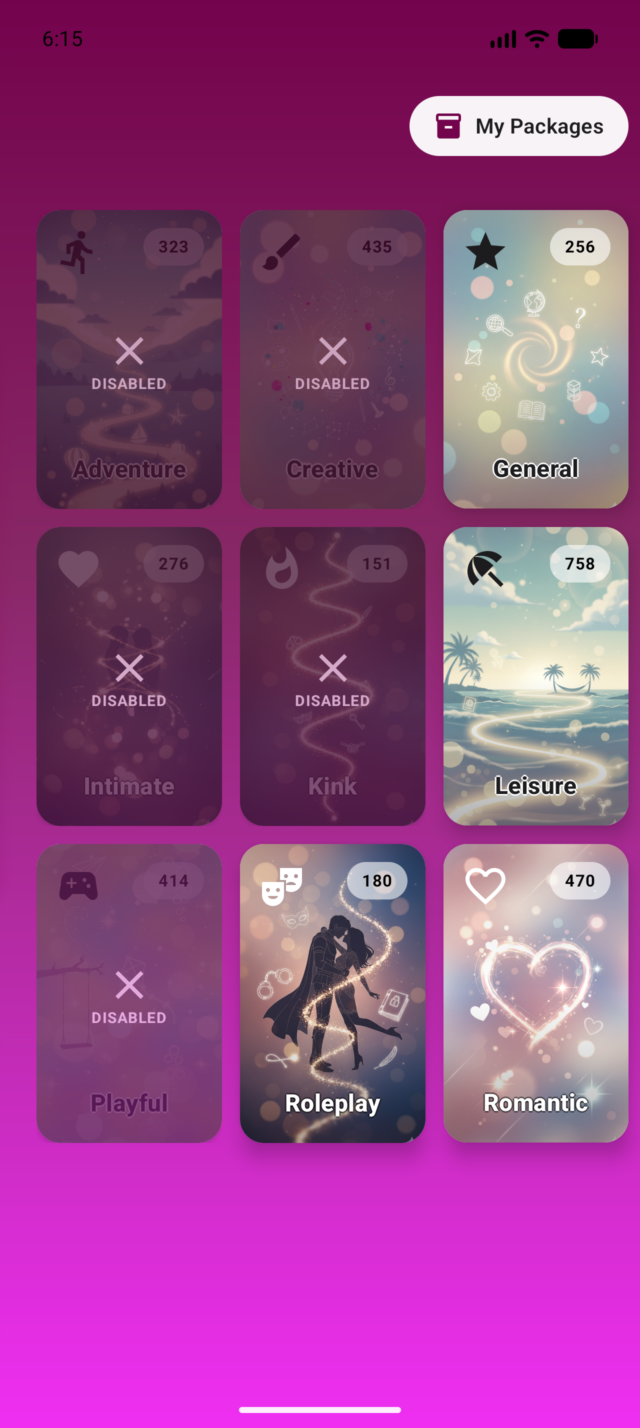 CouplesBingo package selection screen with multiple themed packs.