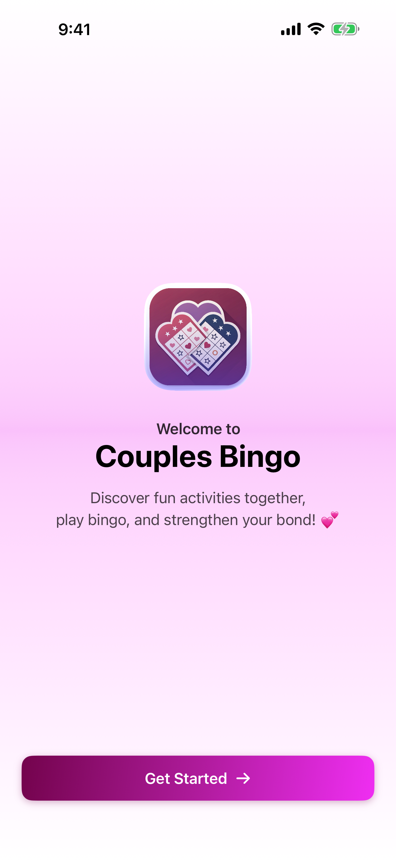 CouplesBingo welcome screen on iPhone.