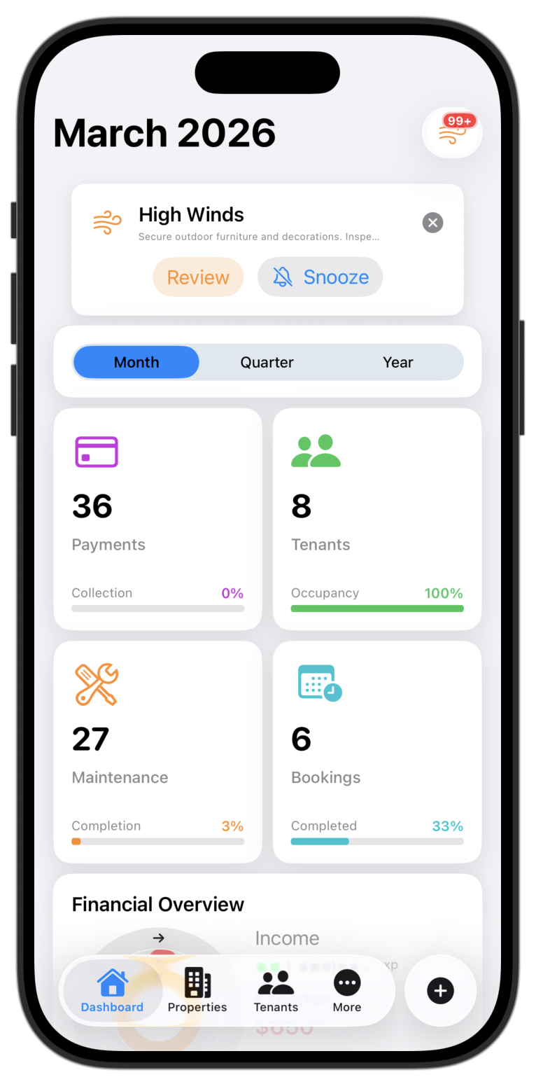 Dinamik Management dashboard screen with payments, tenants, maintenance, and bookings summary.