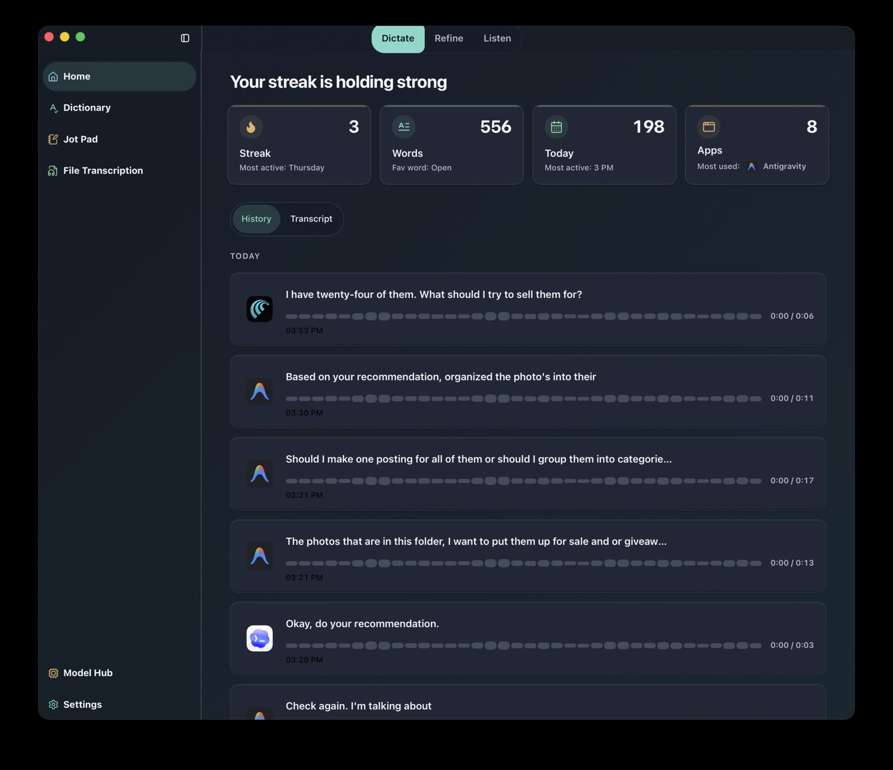 Vox Jot main view showing dictation history, streak stats, and recent recordings