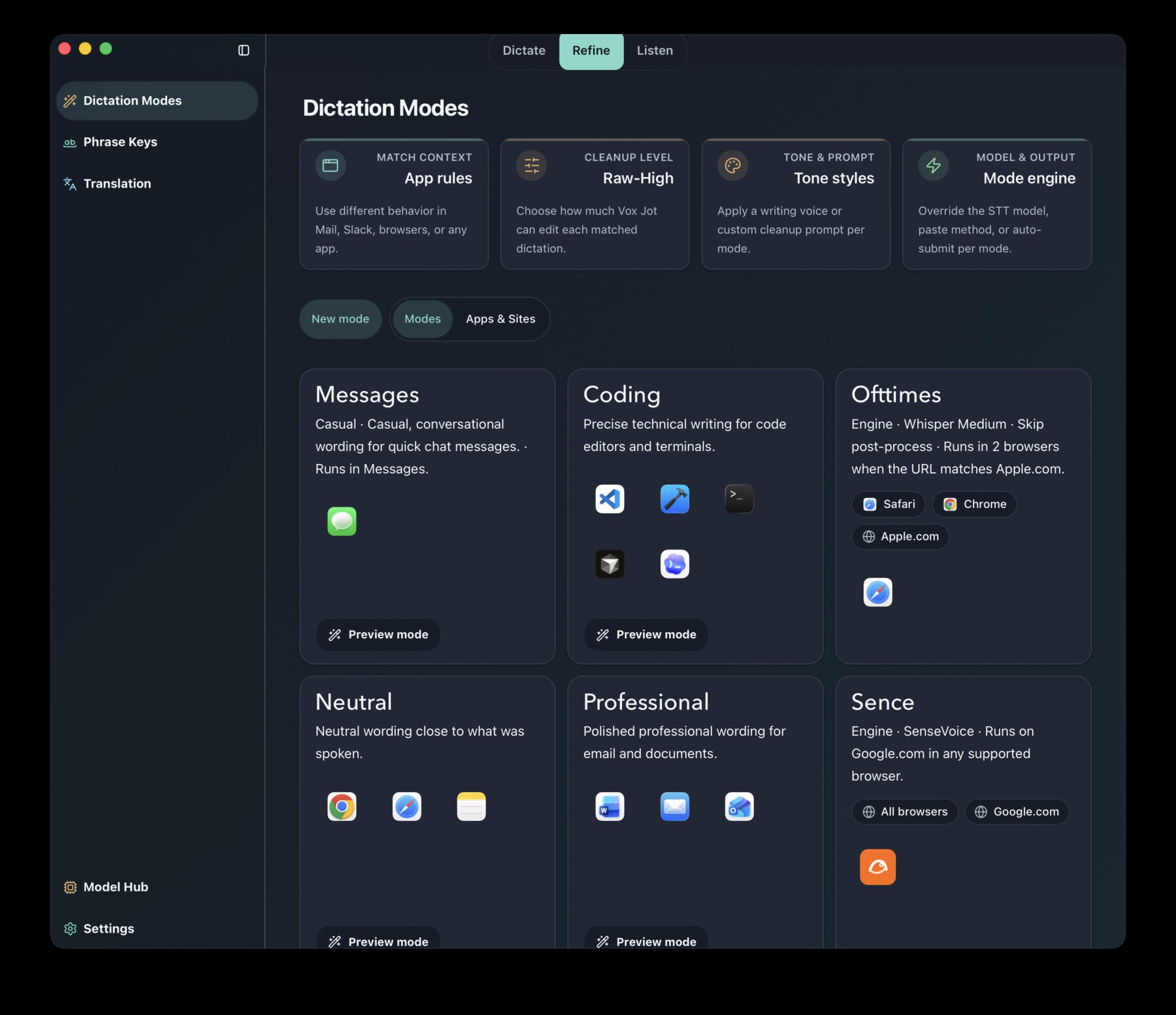 Vox Jot dictation modes screen showing app-specific writing modes