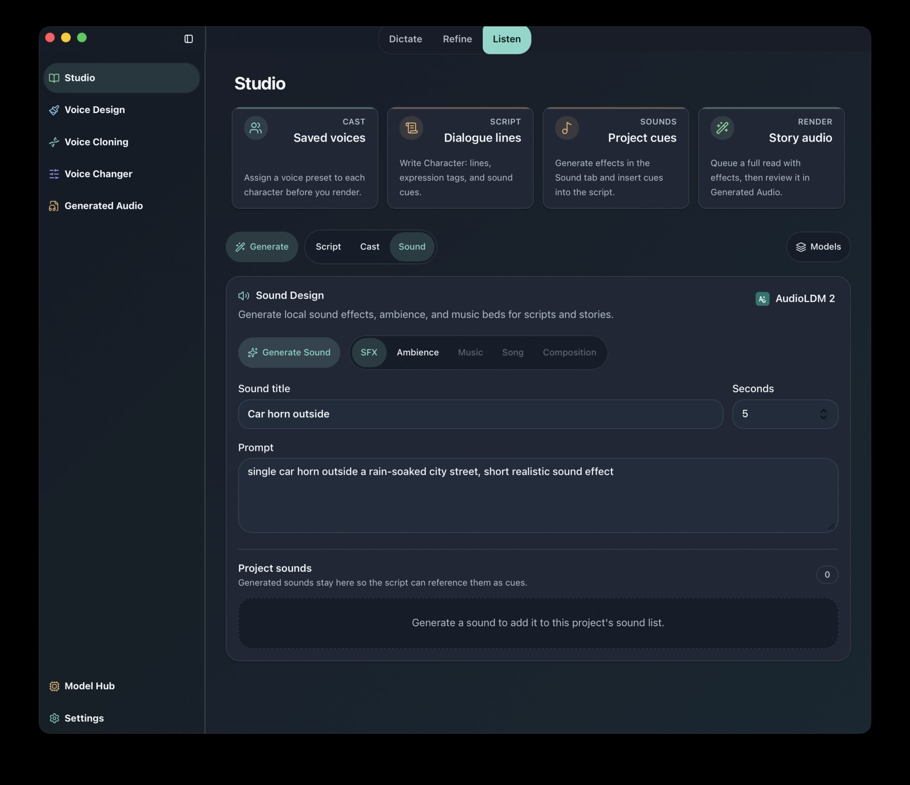 Vox Jot Listen Studio screen for generating sound effects and story audio