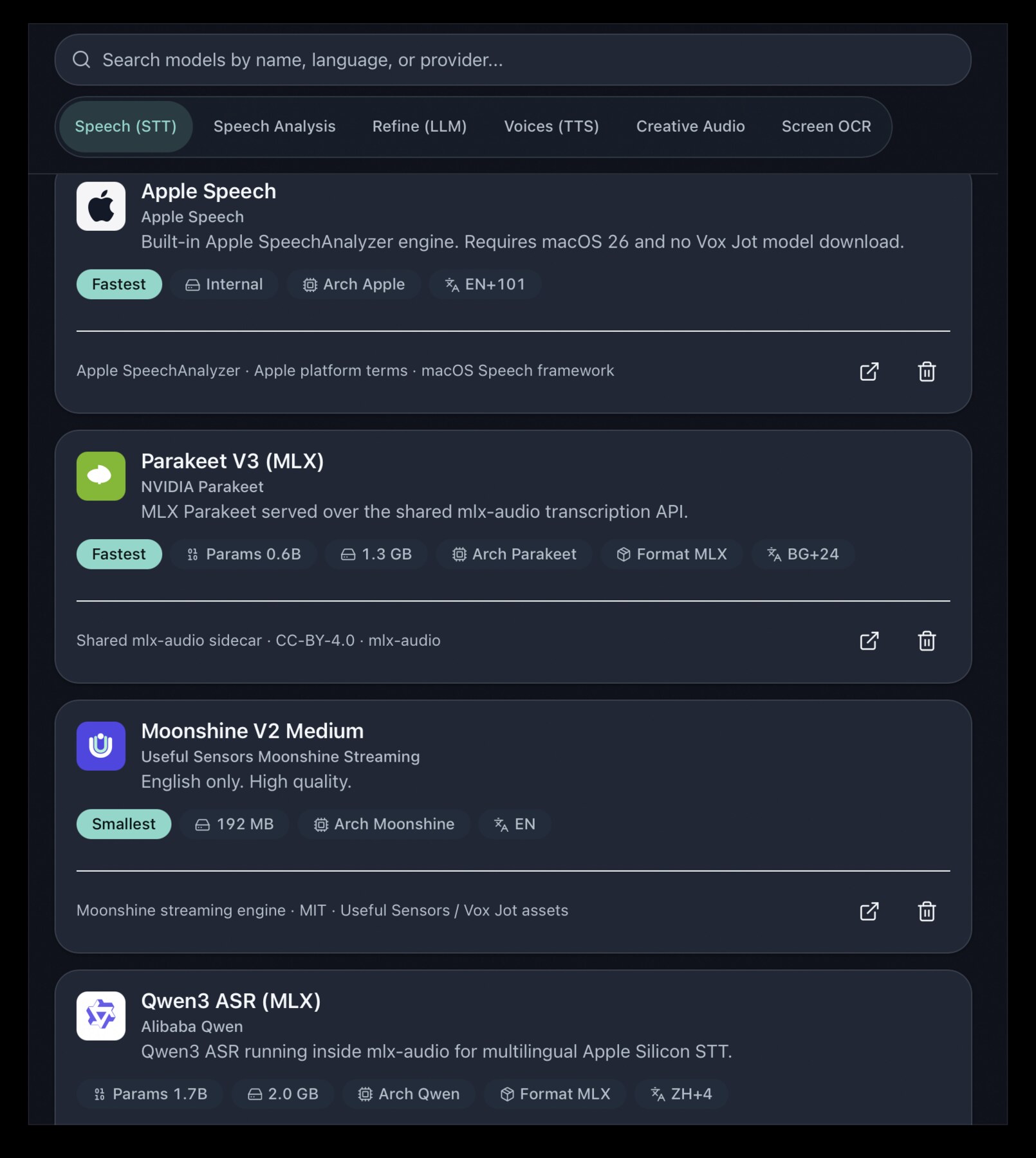 Vox Jot model hub showing local speech and AI model choices