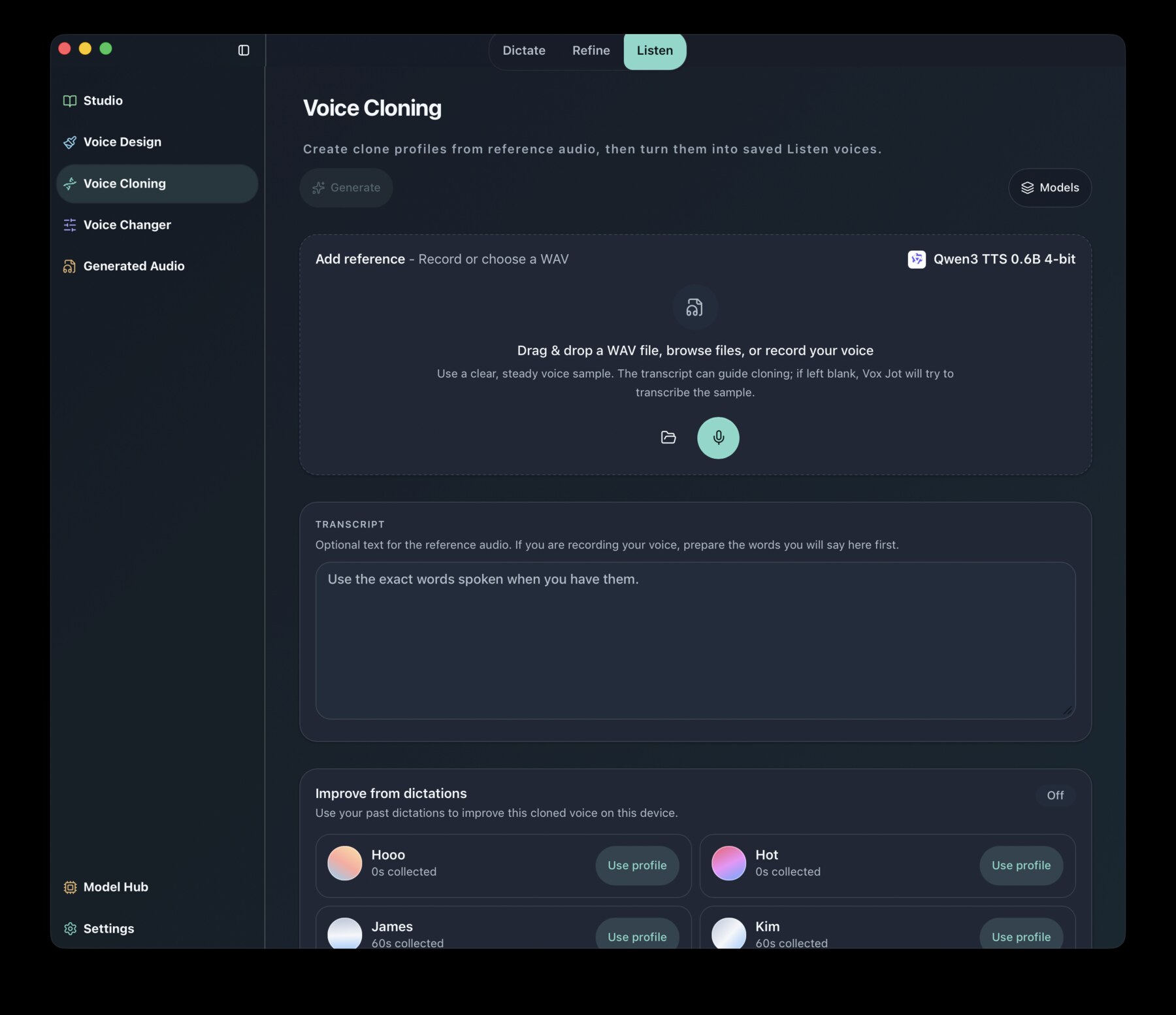 Vox Jot voice cloning screen for adding reference audio and saved voice profiles